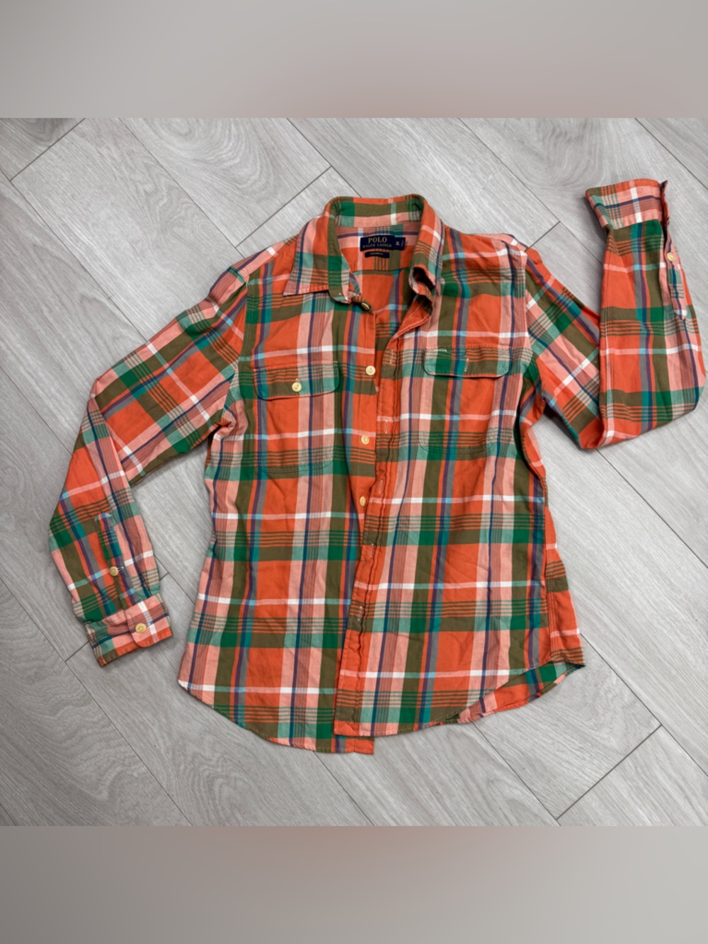 Polo Ralph Lauren Custom Fit Plaid Button Front Shirt Men’s XL Orange Green
